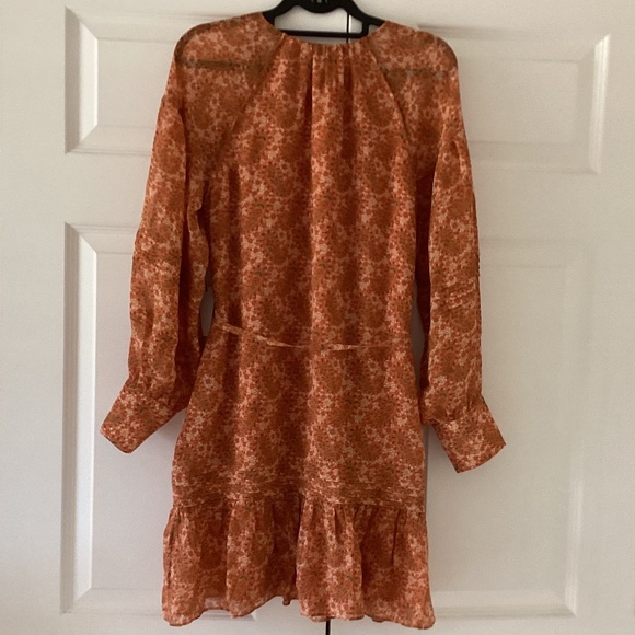 Joie 100% Silk Bree Mini Dress in Orange Caramel Multi Long Sleeve Self Belt - Picture 10 of 16